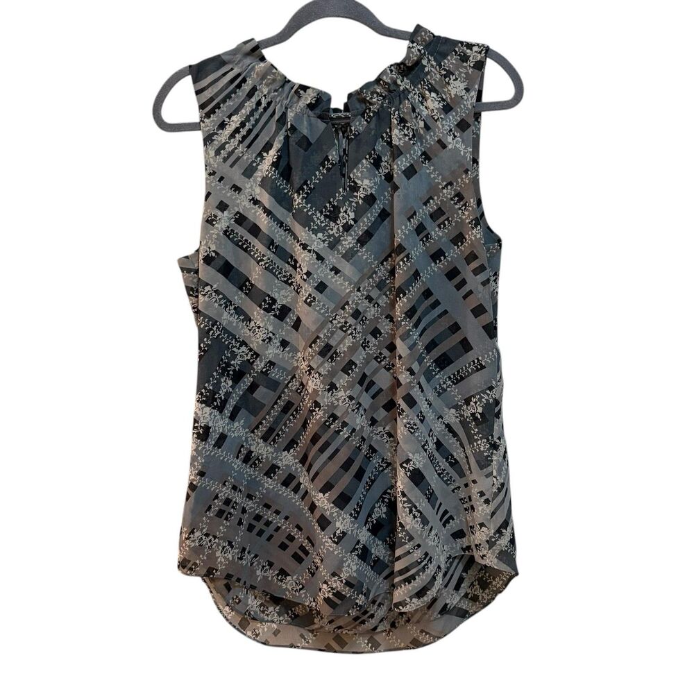 CAbi Blouse Womens Medium Gray Plaid Ruffle Neck Sleeveless Lightweight Top - Picture 2 of 6